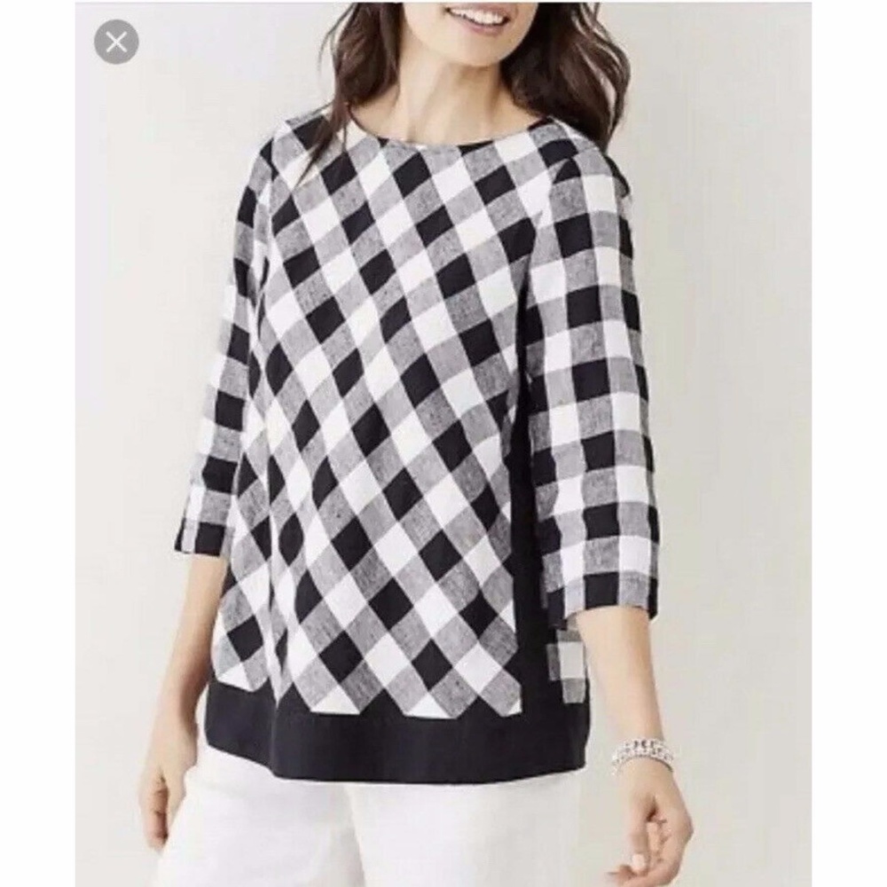 J. Jill Love Linen Gingham Black White Top Large